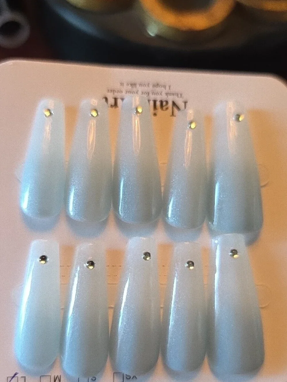 Press-On Nail Set in Pearl White with Silver/ Blue Studs Size Large